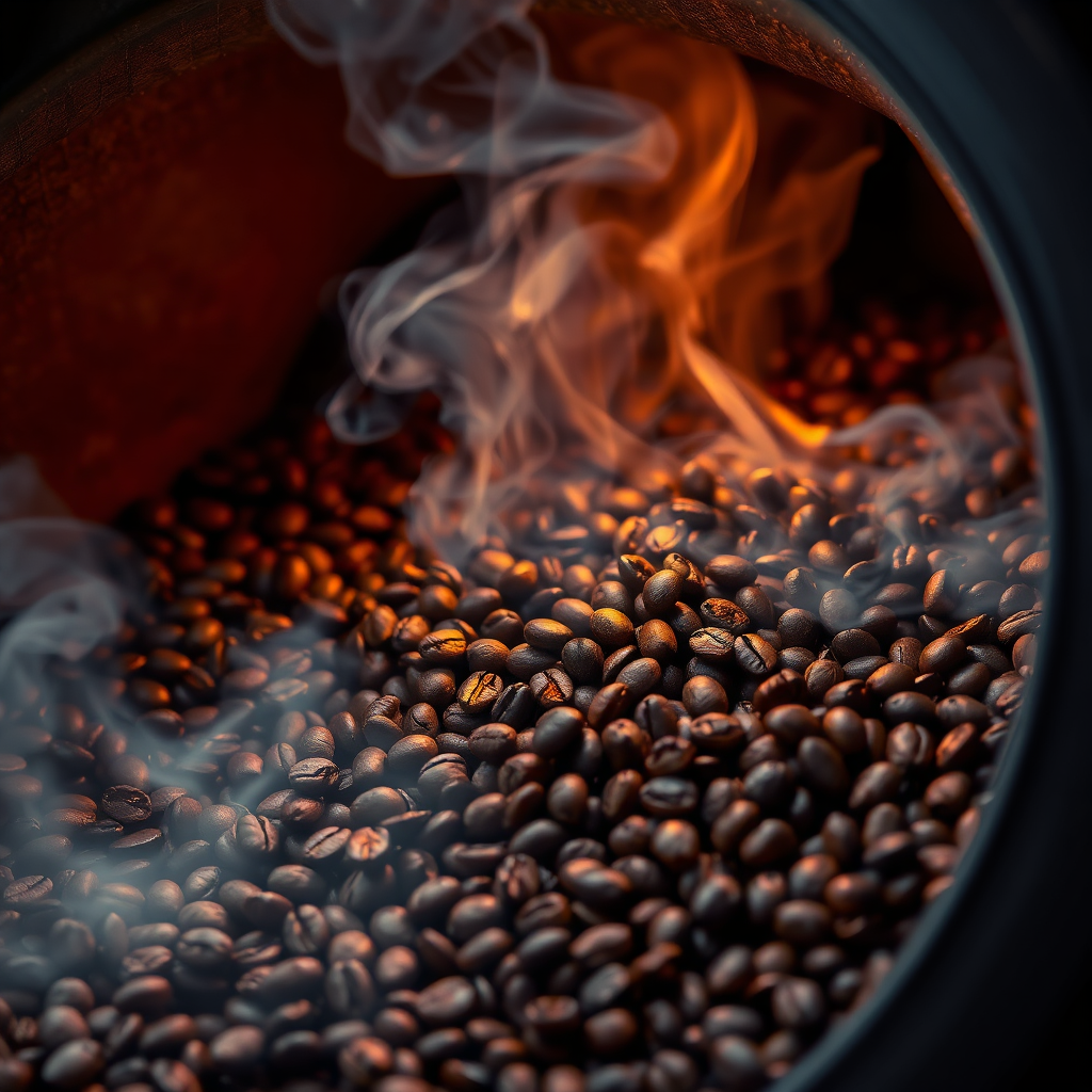 A photorealistic image showcasing coffee beans being roasted in a traditional drum roaster. The beans are emitting smoke and the roaster is glowing with heat. The lighting should be dramatic and capture the intensity of the roasting process. Focus on the texture of the beans and the mechanical details of the roaster. Technical specs: 4K resolution, industrial photography style.
