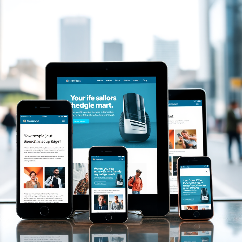 A photorealistic image showcasing a website flawlessly displayed on various mobile devices (smartphones, tablets). The devices are arranged in an appealing composition, highlighting the website's responsiveness across different screen sizes. The background is a blurred cityscape, implying on-the-go accessibility. The lighting is natural and soft, emphasizing the clarity of the displays. The overall style is clean and modern, reflecting the importance of mobile-first design.