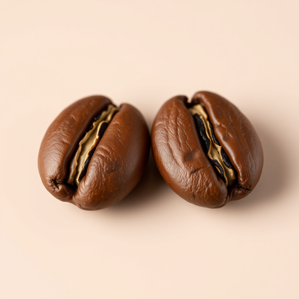 A photorealistic image showing a close-up of both Arabica and Robusta coffee beans, side-by-side. Showcase the differences in their shape, size, and texture. The background should be a neutral tone. Use macro photography techniques to highlight the intricate details of each bean. Lighting should be soft and diffused to reveal the beans' natural colors and textures. Technical specs: 4K resolution, close-up shot.