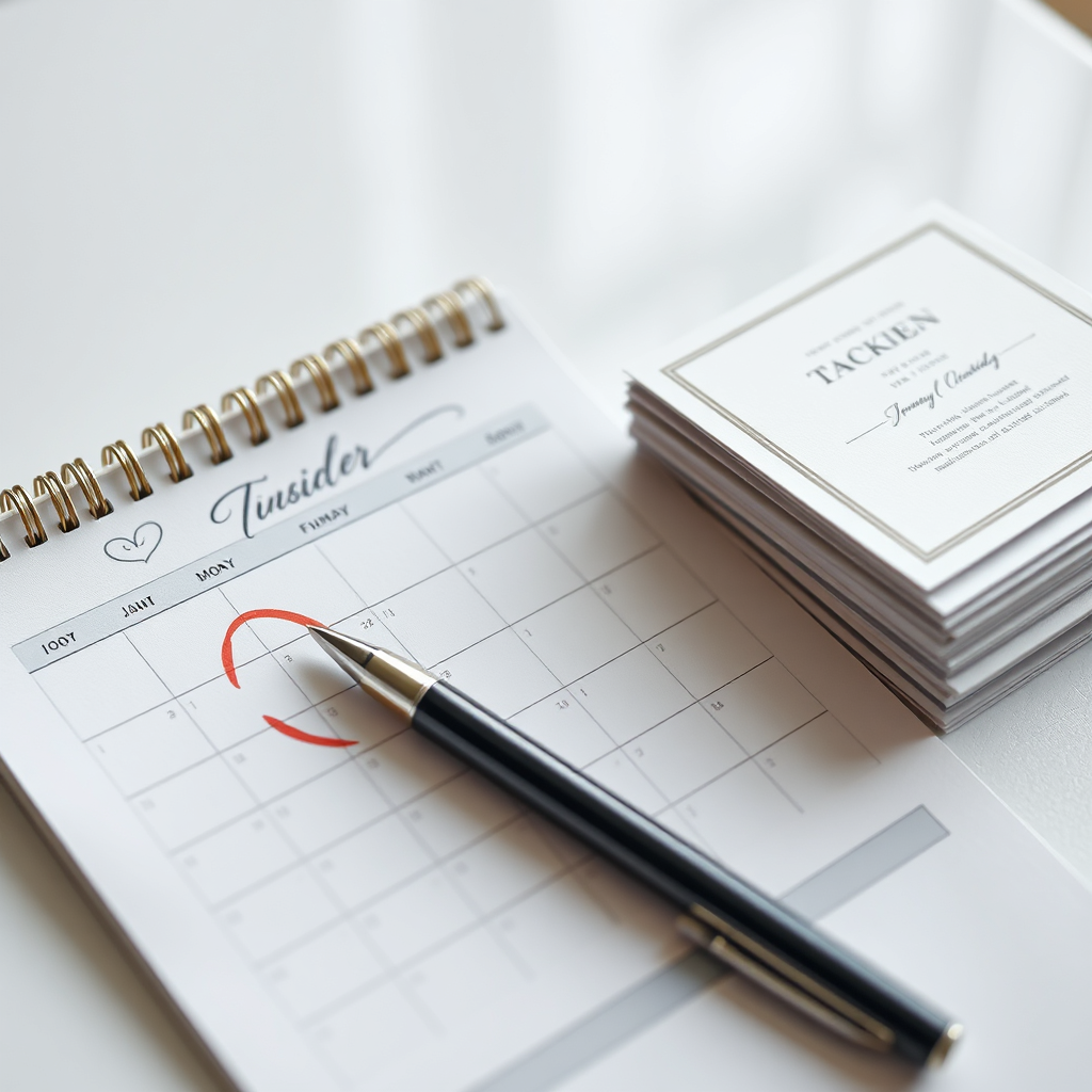A photorealistic image showing a calendar with the wedding date circled and several elegant wedding announcements neatly stacked nearby. A pen rests on top of the calendar, suggesting careful planning and organization. The lighting is soft and diffused, creating a sense of calm and preparation. The background is blurred, hinting at a stylish home office setting. 4K resolution, high quality.