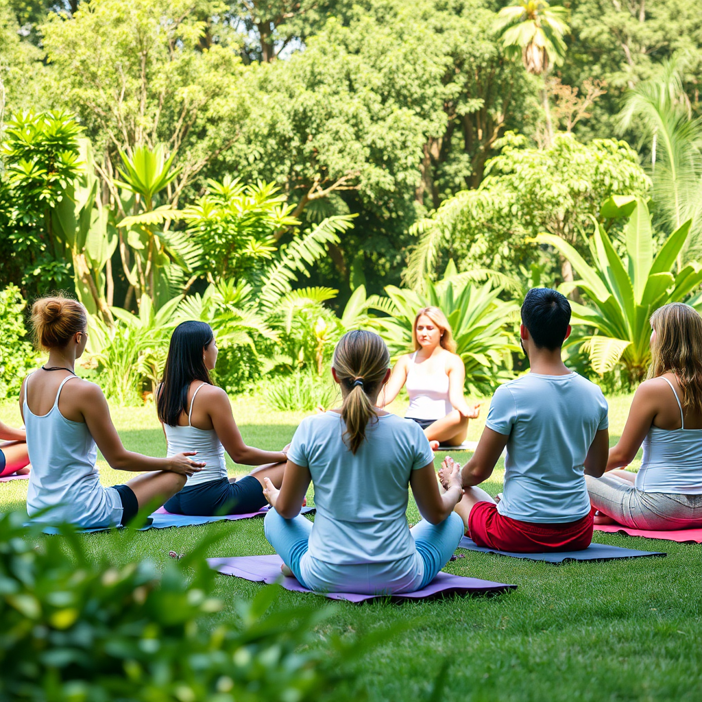 A serene image of a group meditating outdoors during a wellness retreat. They are surrounded by lush greenery, highlighting the immersive and peaceful experience.