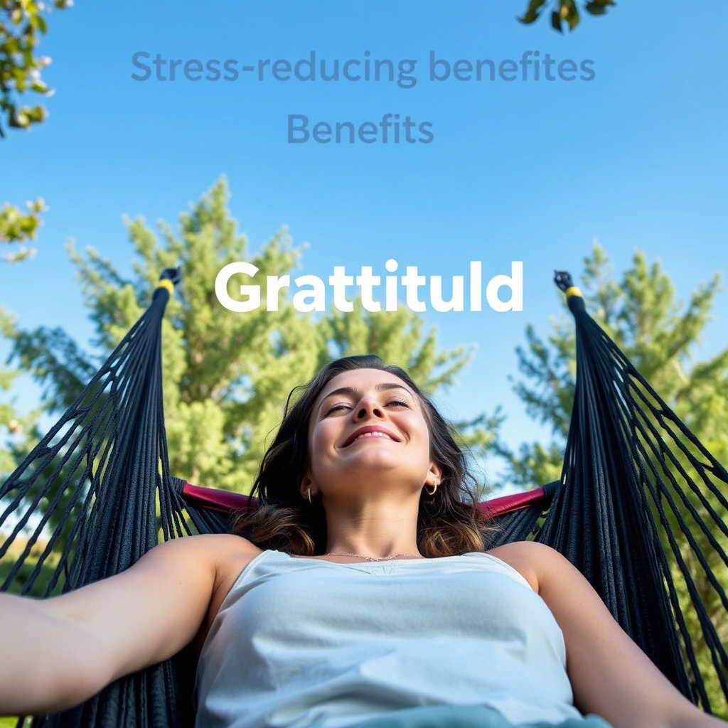 A serene image of a person relaxing in a hammock, surrounded by nature. The sky is clear and blue, and the trees are swaying gently in the breeze. The person's face is relaxed and peaceful. The image conveys a sense of calm and tranquility, highlighting the stress-reducing benefits of gratitude. Style: Relaxing, natural, soft tones.