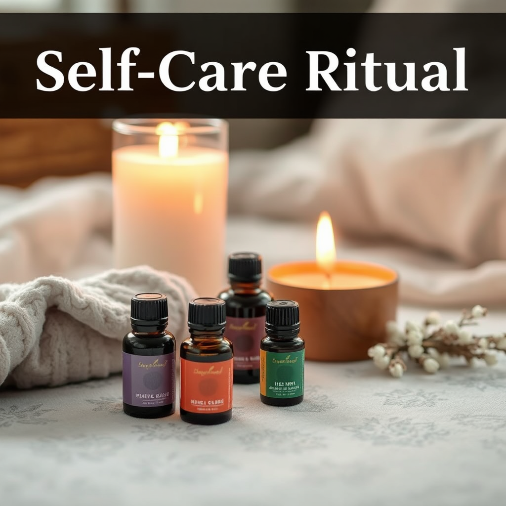 A soft-focus, photorealistic image showcasing the preparations for a self-care ritual: aromatherapy oils, a lit candle, and a comfortable space.