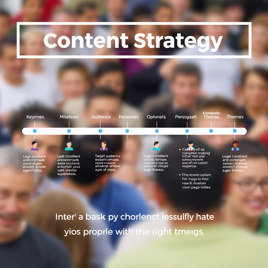 A stylized depiction of a content strategy roadmap. The roadmap includes key milestones, target audience personas, and content themes. The color palette is organized and visually appealing, representing a structured approach to content creation. The background is a blurred image of a diverse audience, emphasizing the importance of reaching the right people with the right message.