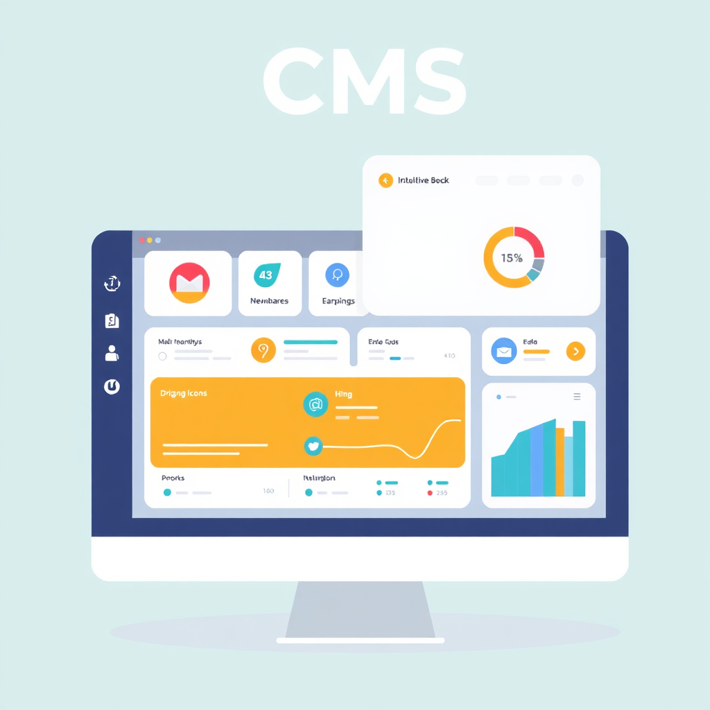 A stylized illustration of a dashboard interface representing a CMS. The dashboard features intuitive icons, drag-and-drop elements, and clear data visualizations. The color palette is clean and professional, with a focus on usability and accessibility. The background is a subtle gradient, creating a sense of depth. The image should convey a sense of control, efficiency, and ease of use. The style is modern and user-friendly, reflecting the power of CMS to simplify website management.