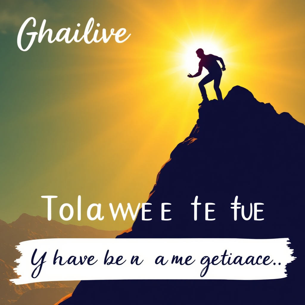 A stylized image depicting a person climbing a mountain, reaching for the summit. The scene is bathed in golden light, symbolizing hope and resilience. The image conveys a sense of overcoming challenges and achieving goals through gratitude and a positive mindset. Style: Inspirational, stylized, vibrant colors.