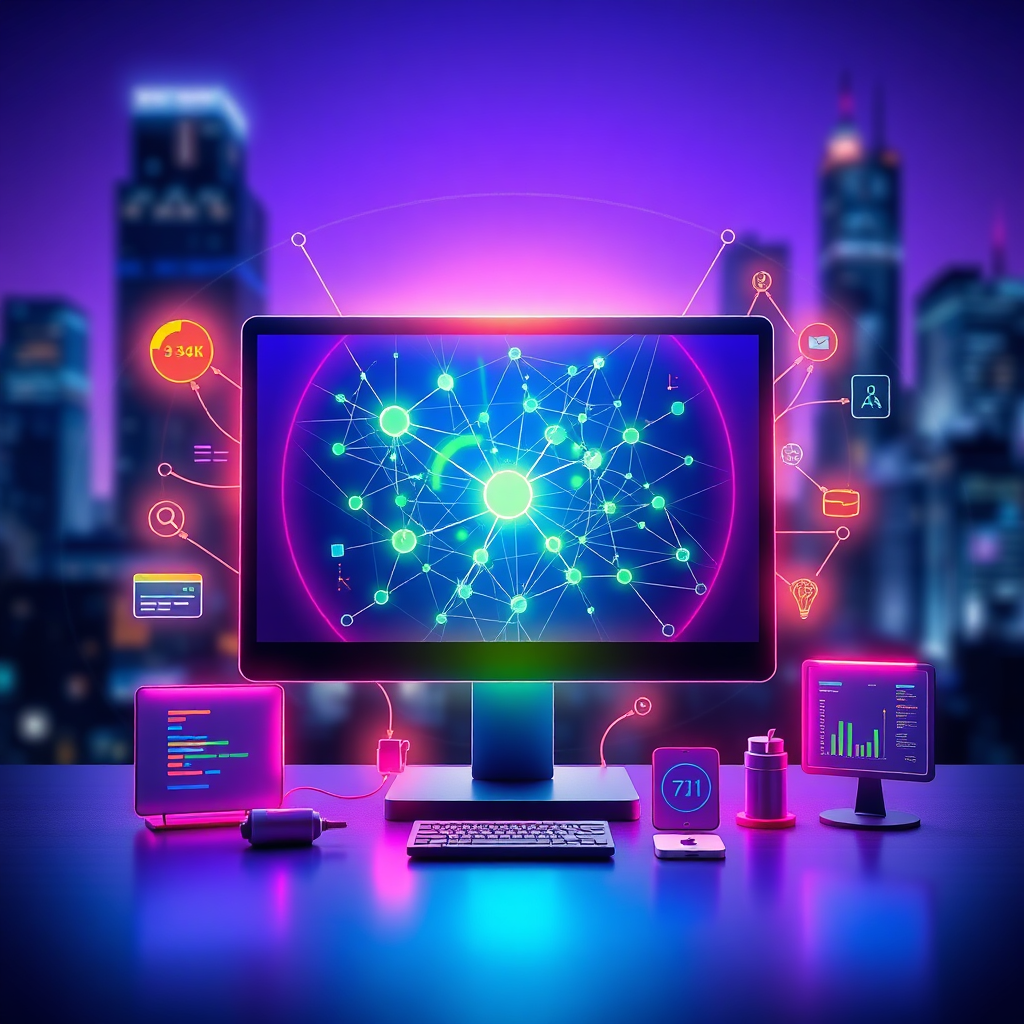 A stylized image depicting the concept of 'web development'. A central, glowing screen displays a complex network of interconnected nodes, representing the structure of the internet. Around the screen, various tools of the trade are subtly placed: coding snippets, graphic design elements, and analytics dashboards. The color palette is primarily blues and purples, with accents of vibrant green and orange to highlight key areas of focus. The background is a blurred cityscape, symbolizing the global reach of the web. The image should convey a sense of innovation, connection, and technical expertise. Lighting should be soft and ethereal, creating a sense of wonder and possibility. The style should be modern and minimalist, inspired by abstract digital art. Render in 4K resolution with high detail.