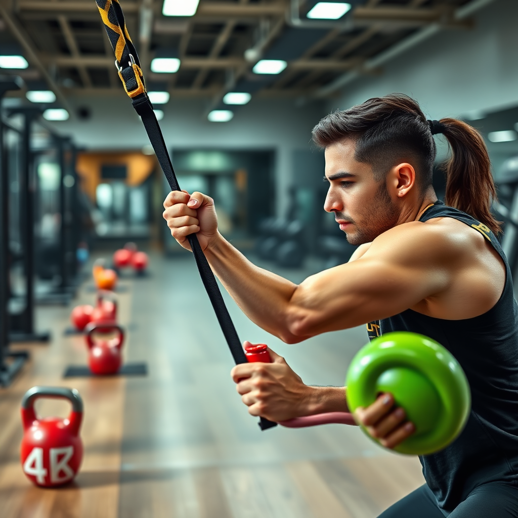 A stylized image of a person using advanced fitness equipment (e.g., TRX, kettlebells) in a modern gym setting. Focus on the efficiency and effectiveness of the workout. Sleek design, 4K resolution.
