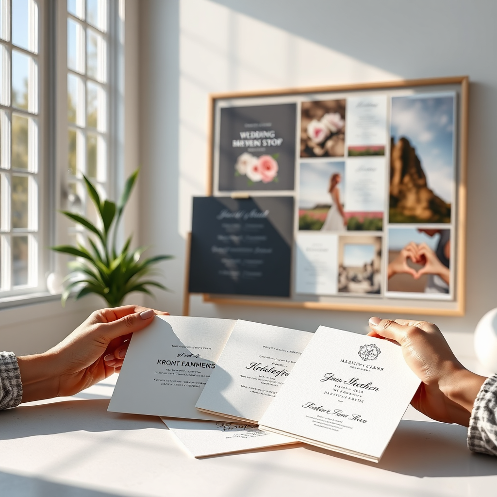 A stylized image representing Wedding Announcement creation. The scene showcases a bright, airy studio space with a large window allowing natural light to flood in. In the foreground, a designer's hands are carefully arranging a selection of wedding invitation samples, featuring various paper stocks, font styles, and embellishments. The background includes a mood board filled with inspiring images of flowers, color palettes, and romantic landscapes. The overall style is modern and minimalist, with a focus on clean lines and a sophisticated aesthetic. The image should evoke a sense of creativity, craftsmanship, and attention to detail. 4K resolution, high quality rendering.