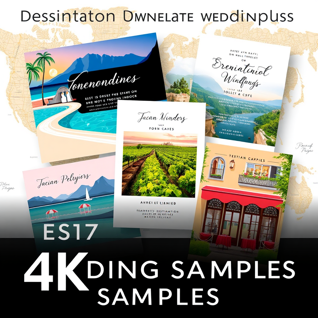 A stylized image showcasing a collection of destination wedding announcement samples. The samples feature designs inspired by tropical beaches, Tuscan vineyards, and Parisian cafes. The color palettes are vibrant and evocative, reflecting the unique atmosphere of each destination. The background is a world map, subtly hinting at the possibilities for destination weddings. The overall style is modern and adventurous. 4K resolution, high quality.