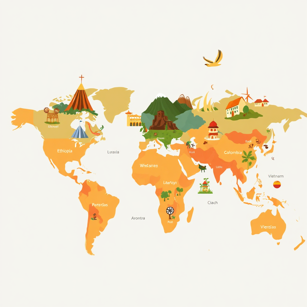 A stylized map of the world highlighting key coffee-producing regions. Include iconic landmarks from each region, such as the Ethiopian highlands, Colombian coffee plantations, and Vietnamese coffee farms. Use a warm and inviting color palette. Technical specs: 4K resolution, illustration style.