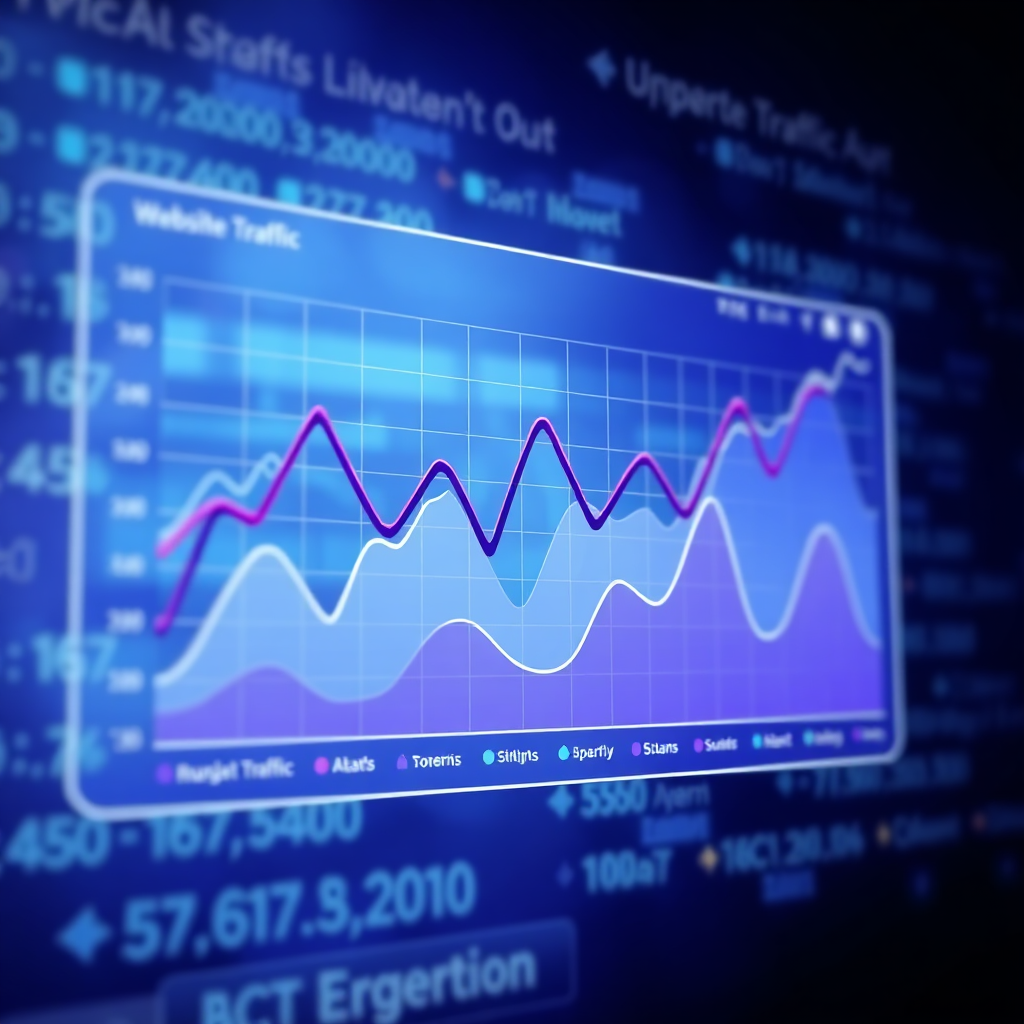 A stylized visualization of data analytics. Lines and charts rise and fall within a digital display, showing website traffic and engagement metrics. Highlight trends with contrasting colors. The background should be a gradient of blues and purples representing the depths of data analysis. Render in high resolution for clarity.