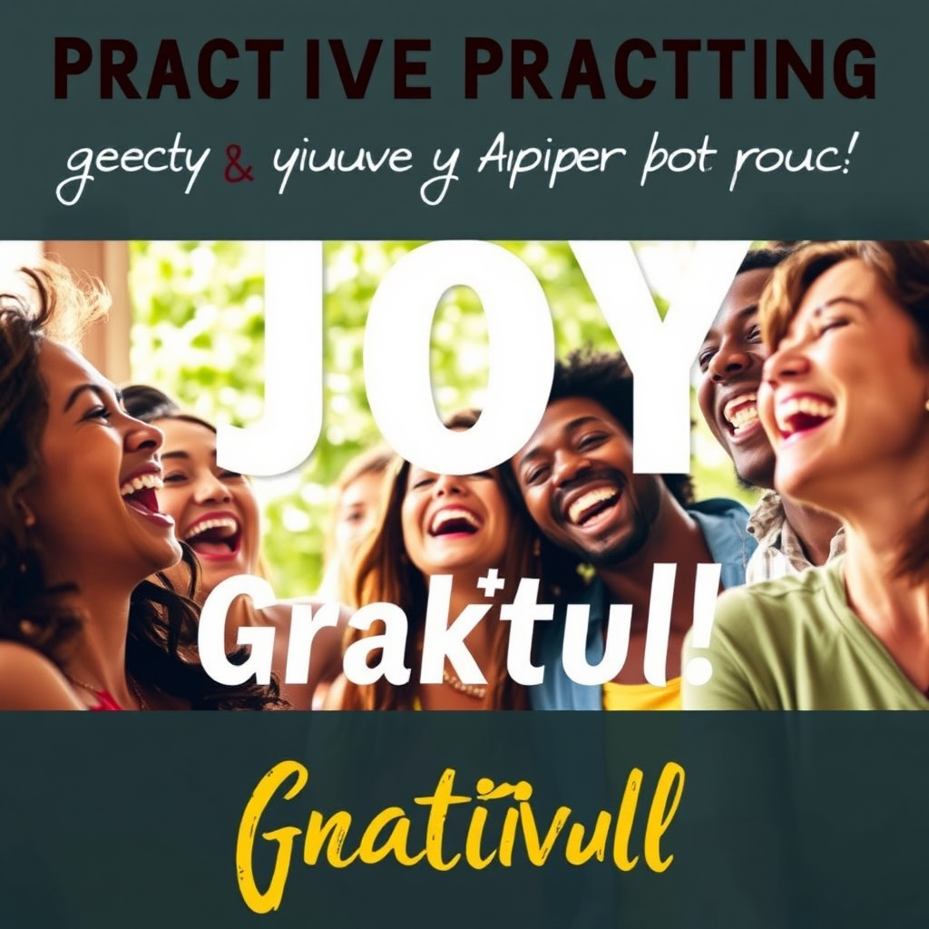 A vibrant image of a group of people laughing and smiling, celebrating a joyful occasion. The scene is filled with bright colors and positive energy. The image conveys a sense of happiness and connection, highlighting the joy that comes from practicing gratitude. Style: Energetic, vibrant, candid.