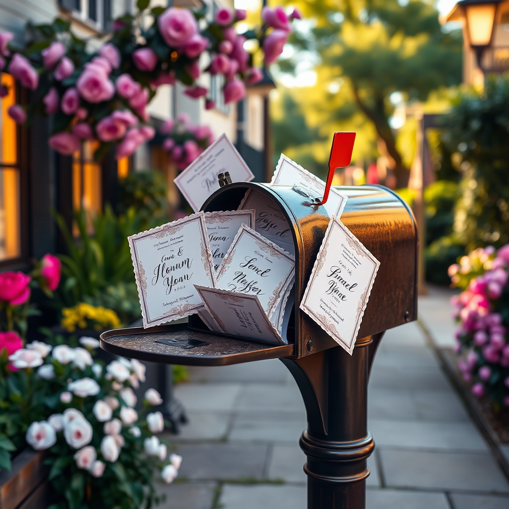 A visually compelling image featuring a stylish mailbox overflowing with wedding announcements. The announcements are beautifully designed and addressed with elegant calligraphy. The surrounding environment is a picturesque neighborhood street with blooming flowers and lush greenery. The lighting is warm and inviting, creating a sense of joy and anticipation. The overall style is charming and whimsical. 4K resolution, high quality.