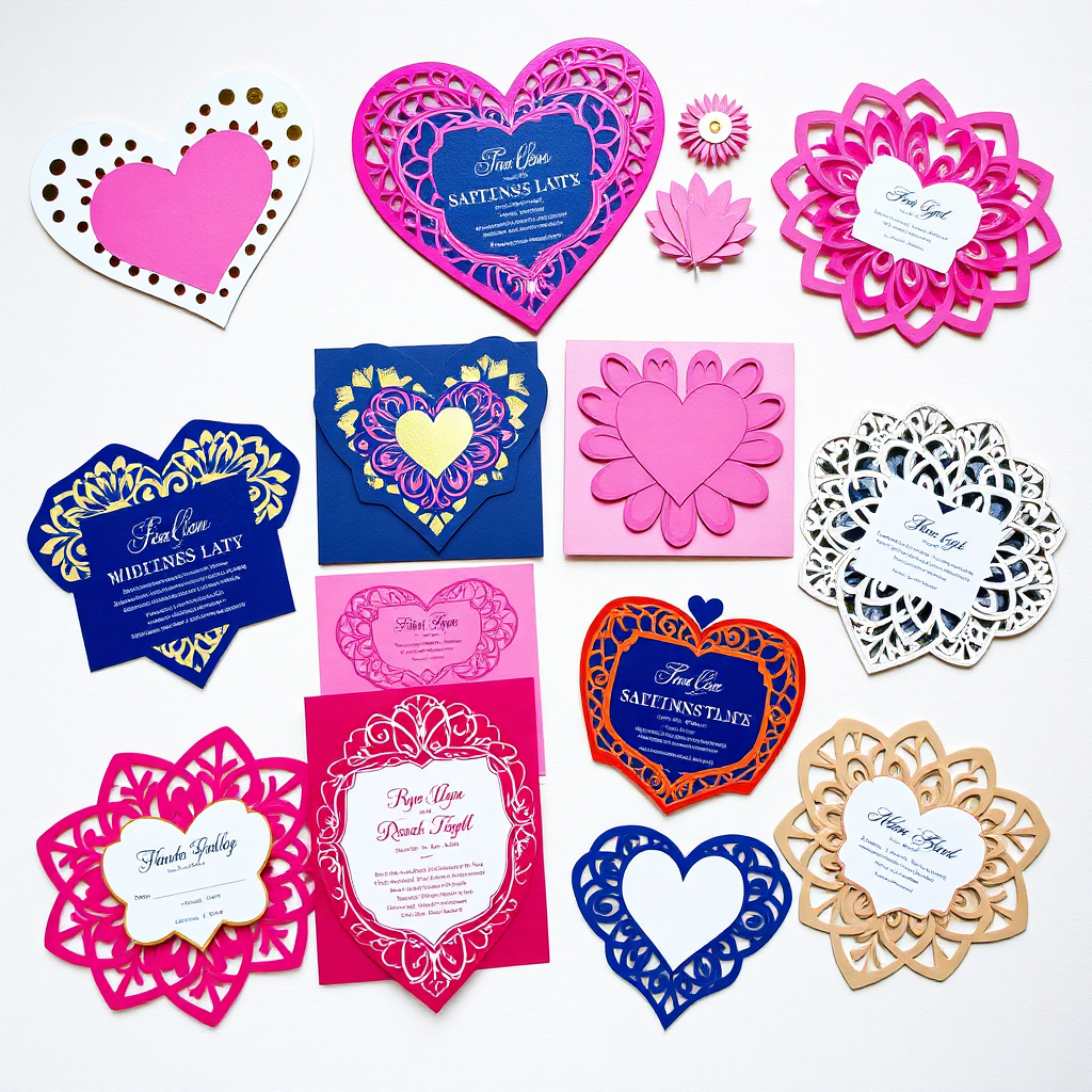 A visually striking image featuring a variety of uniquely shaped wedding announcements. The announcements are die-cut into intricate shapes like hearts, flowers, and abstract designs. The color palettes are bold and modern, with metallic accents and geometric patterns. The background is a clean, minimalist surface, allowing the unique shapes to stand out. The lighting is bright and even, highlighting the details of each design. 4K resolution, high quality.