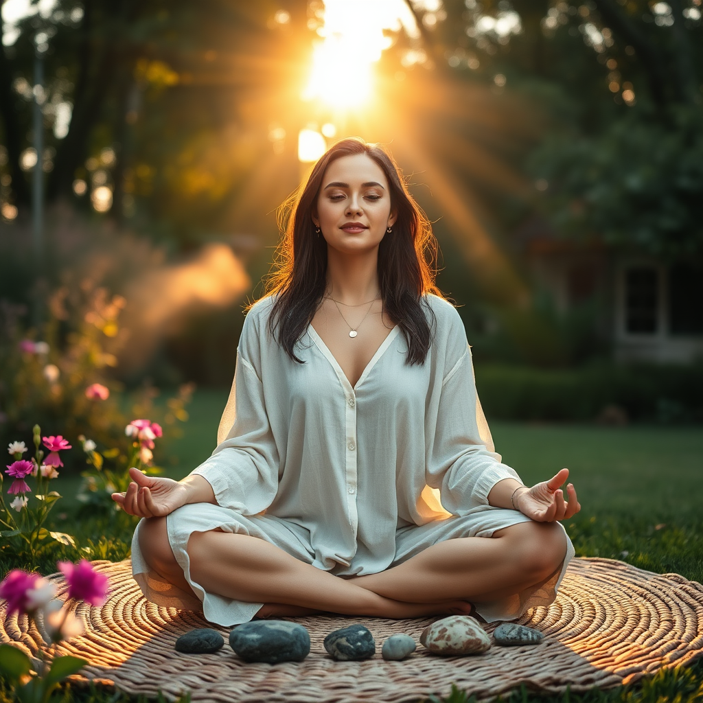 An 8K, hyperrealistic image of a woman meditating in a serene garden at sunrise. Soft, golden light filters through the trees, illuminating her peaceful expression. She's seated on a woven mat, surrounded by lush greenery, flowers in full bloom, and small stones arranged artfully. A gentle mist hangs in the air, creating a sense of tranquility. In the background, a glimpse of a cozy, inviting cottage can be seen. Focus on the textures: the rough weave of the mat, the delicate petals of the flowers, the smooth surfaces of the stones, and the woman's flowing linen clothing. Camera angle: slightly low, looking up at the woman to emphasize her connection with nature and the sky. Style: Photorealistic with a touch of ethereal beauty.  The overall composition should evoke feelings of gratitude, peace, and groundedness, perfectly embodying 'Rest, Ritual, and Self-Care'.