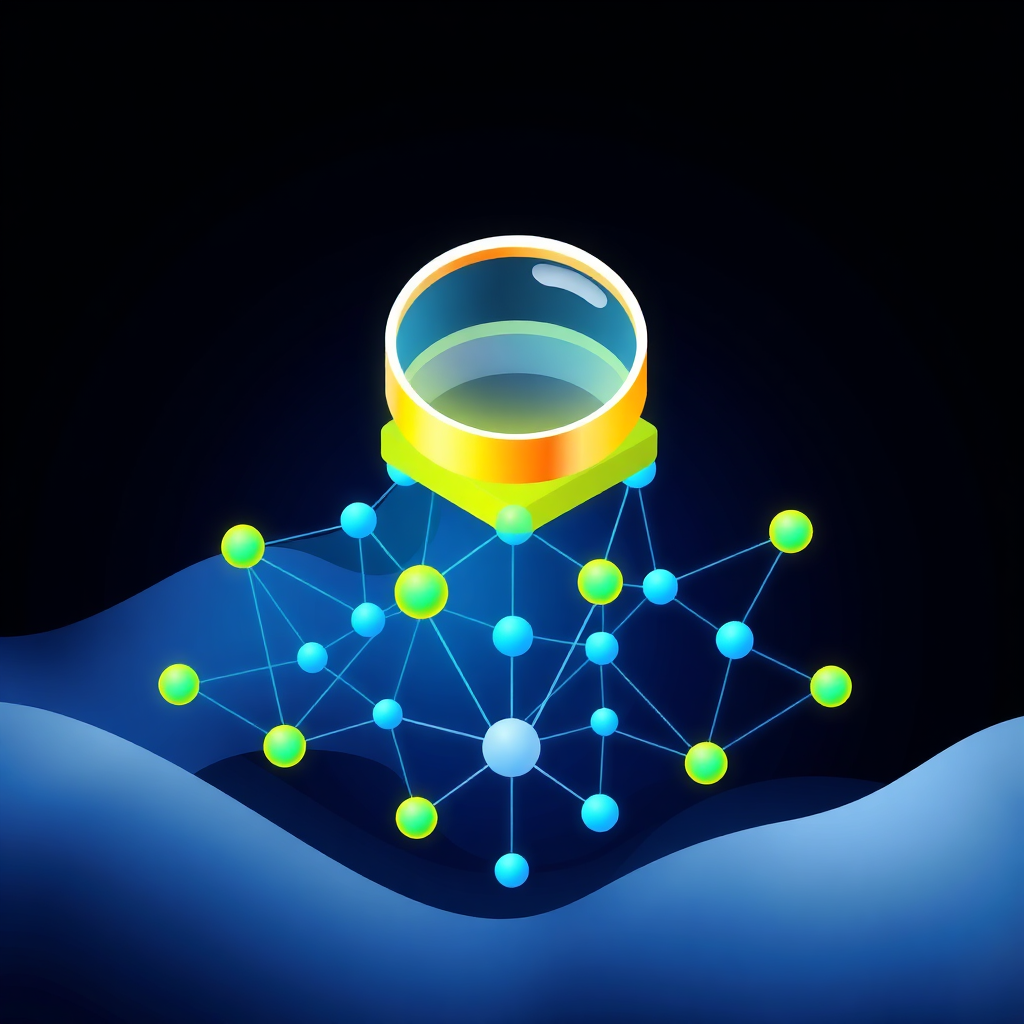  An abstract, stylized image representing SEO. Depict a network of interconnected nodes forming a pyramid shape, with a glowing magnifying glass hovering above. The color palette should be primarily blues and greens, with accents of vibrant yellow to highlight key areas. The background is a dark, gradient background, symbolizing the vastness of the internet. The image should convey a sense of clarity, precision, and strategic optimization. The style should be modern and minimalist, inspired by data visualization techniques.