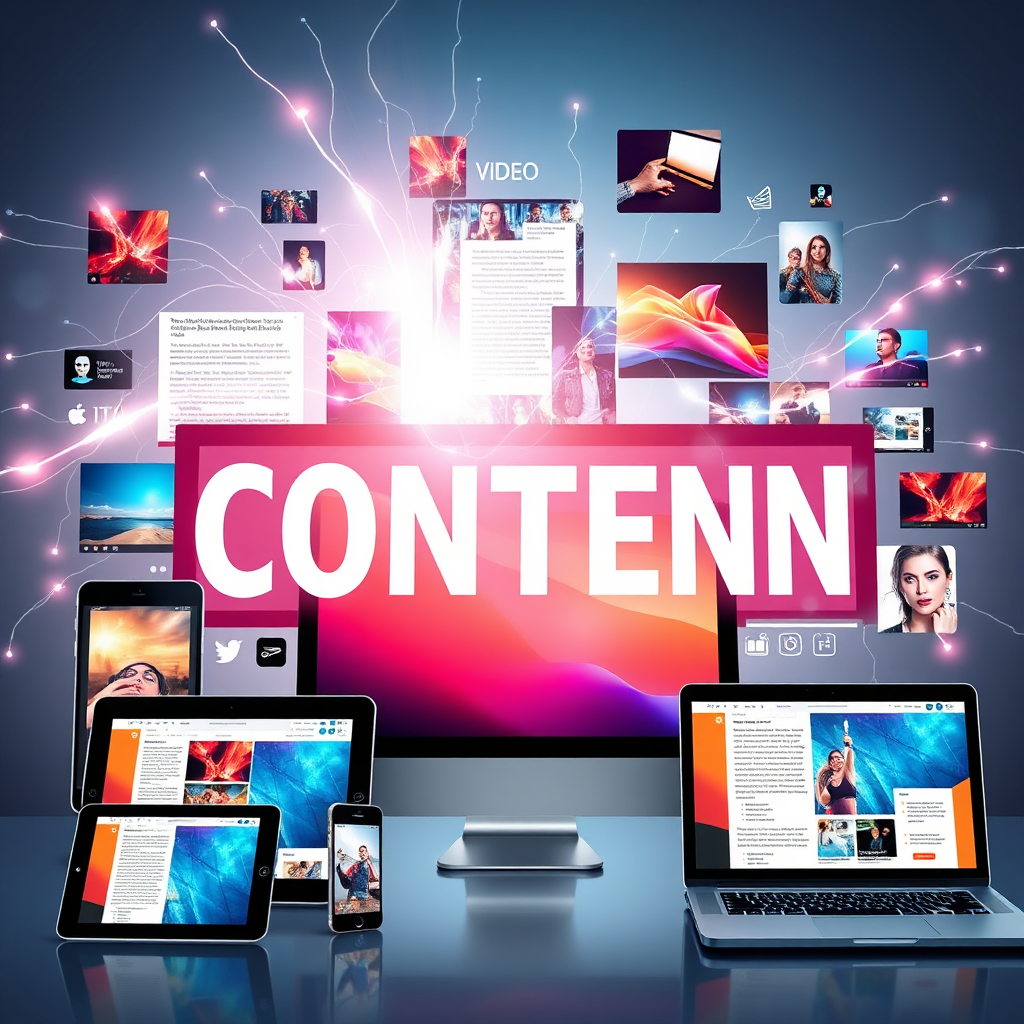 An image showcasing various forms of digital content (text, images, videos) coming together to form a cohesive brand message. Use a variety of digital devices to display the content: tablets, phones, laptops, and desktop computers all display the various media, interlocked together by energy streams of light.