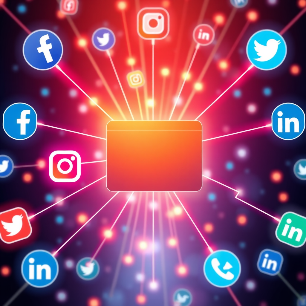An image showing interconnected social media icons (Facebook, Instagram, Twitter, LinkedIn) radiating outward from a central website interface. The connections are represented by glowing lines of energy. Each social media icon should be easily recognizable. The color scheme should be vibrant and dynamic, reflecting the fast-paced nature of social media.