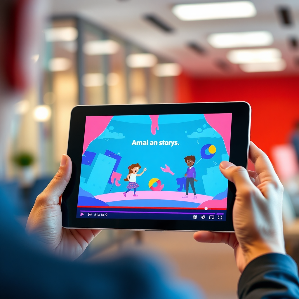  Create a visually stunning image of a short animated video playing on a tablet. The video features vibrant colors, dynamic motion graphics, and a compelling storyline. The tablet is held by a person in a modern office setting. The background is blurred, drawing attention to the video. The color palette is bold and energetic, with a focus on visual impact. The style is modern and engaging, reflecting the power of digital media to capture attention and tell stories.