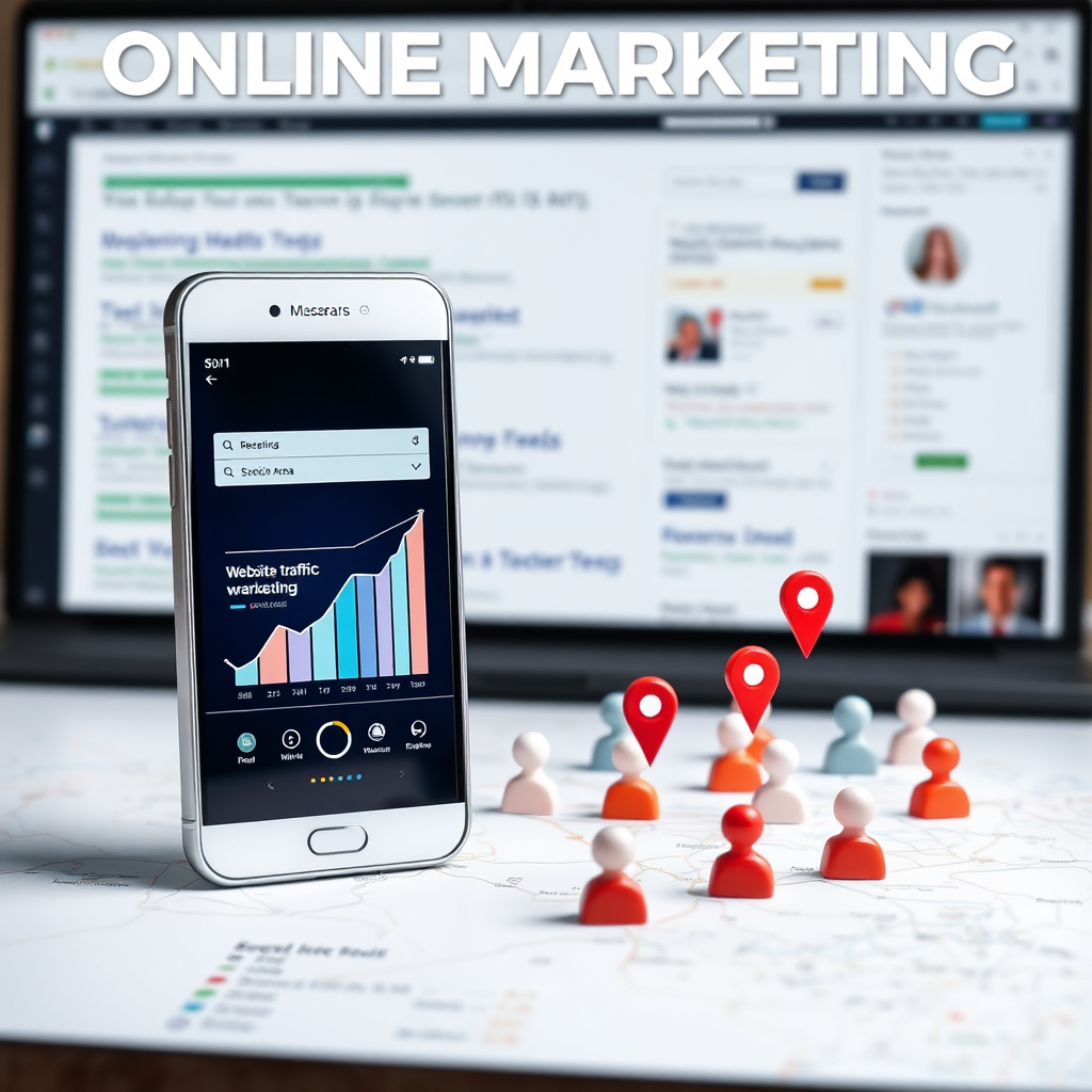 Depict a visual representation of online marketing success: a smartphone displaying increasing metrics (website traffic, social media engagement) against a backdrop of search engine results and social media feeds. Overlay a map of your service area being connected by multiple user icons.