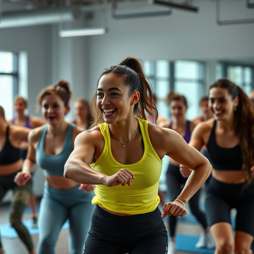 Dynamic image of a group fitness class, showcasing participants enjoying a high-energy workout together. Focus on the sense of community and fun. 4K resolution.