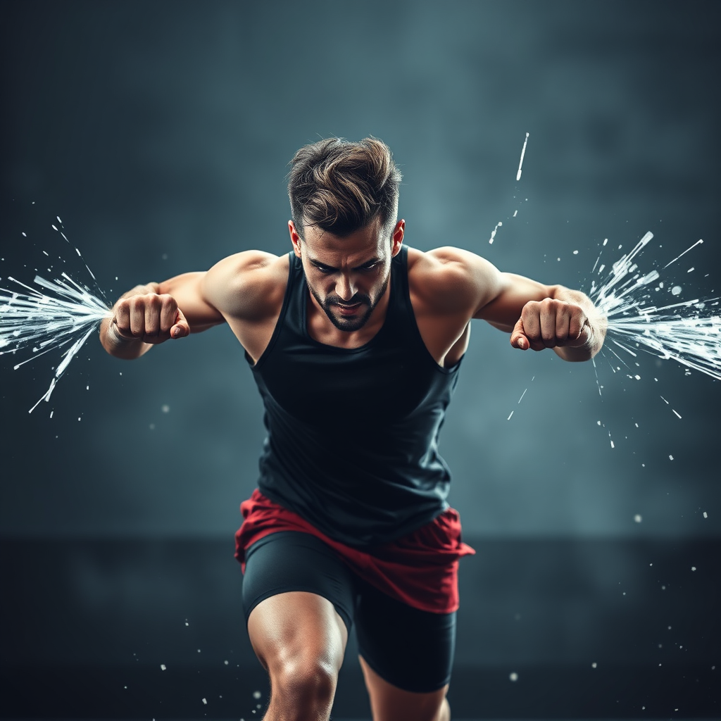 Photorealistic, dynamic image of an athlete breaking through a metaphorical barrier during a workout. The barrier could be represented by light or abstract shapes. Emphasis on determination and power. 4K resolution.