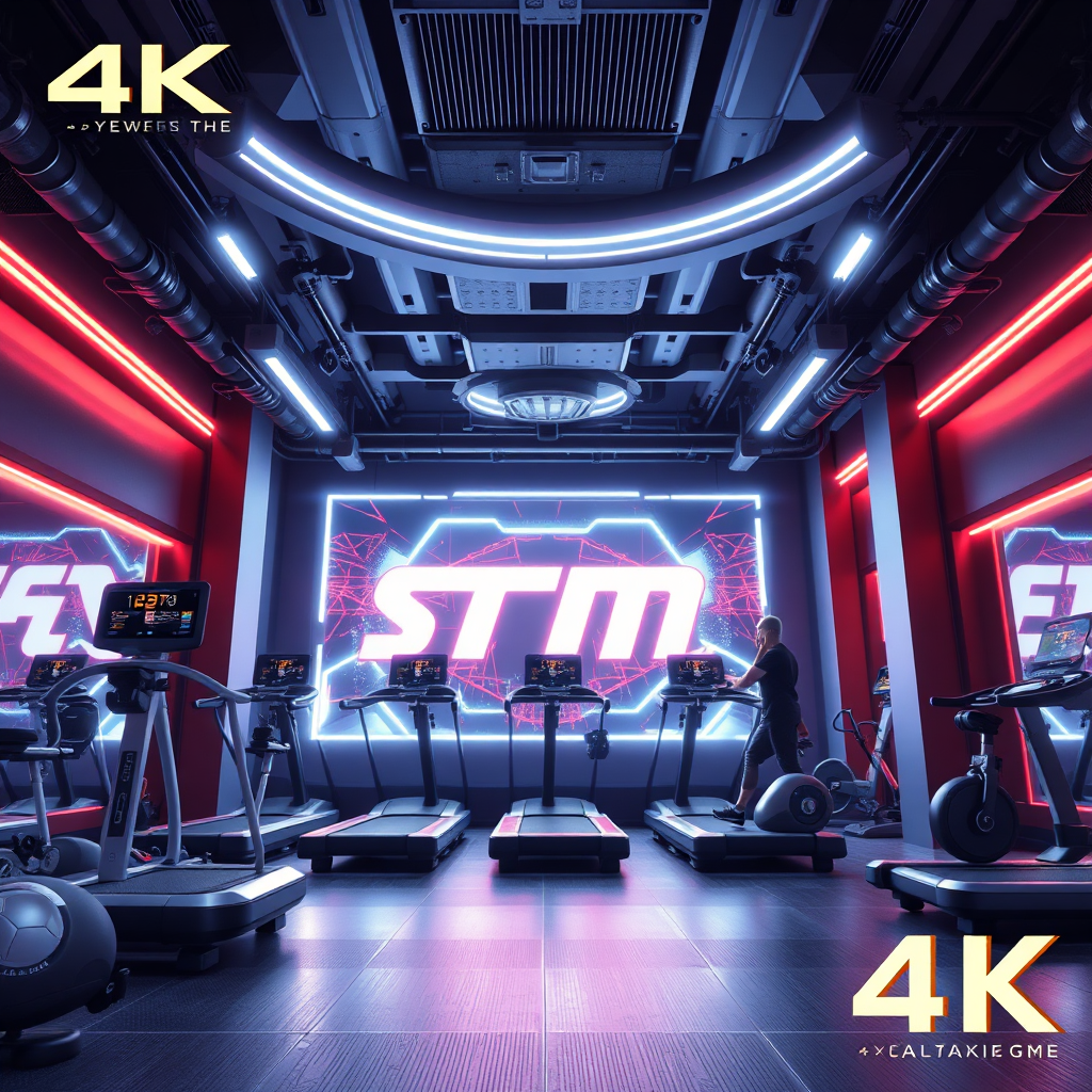 Stylized image of a futuristic gym environment with advanced fitness technology. Focus on the innovation and excitement of modern workouts. High-tech aesthetic, 4K resolution.