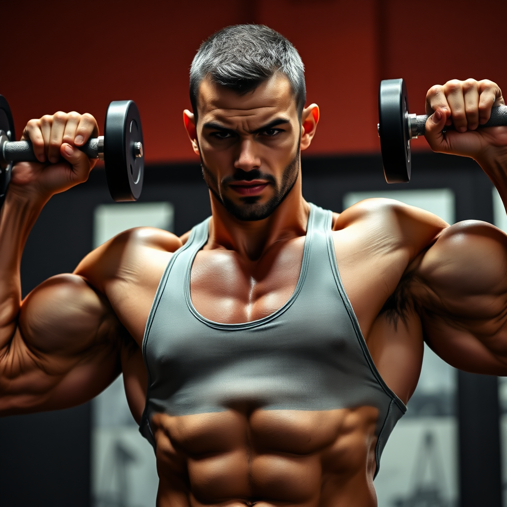 Stylized image of a person performing a challenging workout exercise (e.g., weightlifting, calisthenics) with perfect form and determined expression. Focus on muscle definition and strength. Dynamic lighting. 4K resolution.