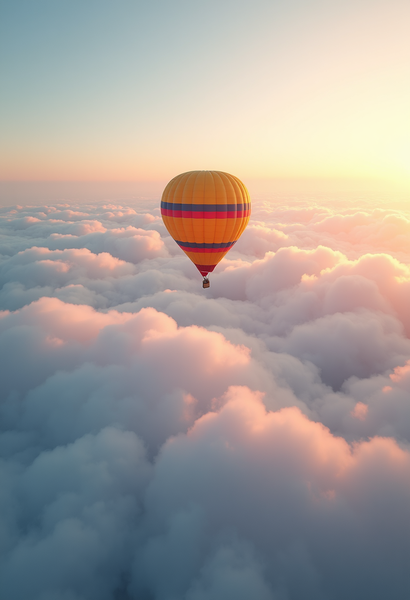 hot air balloon floating over clouds