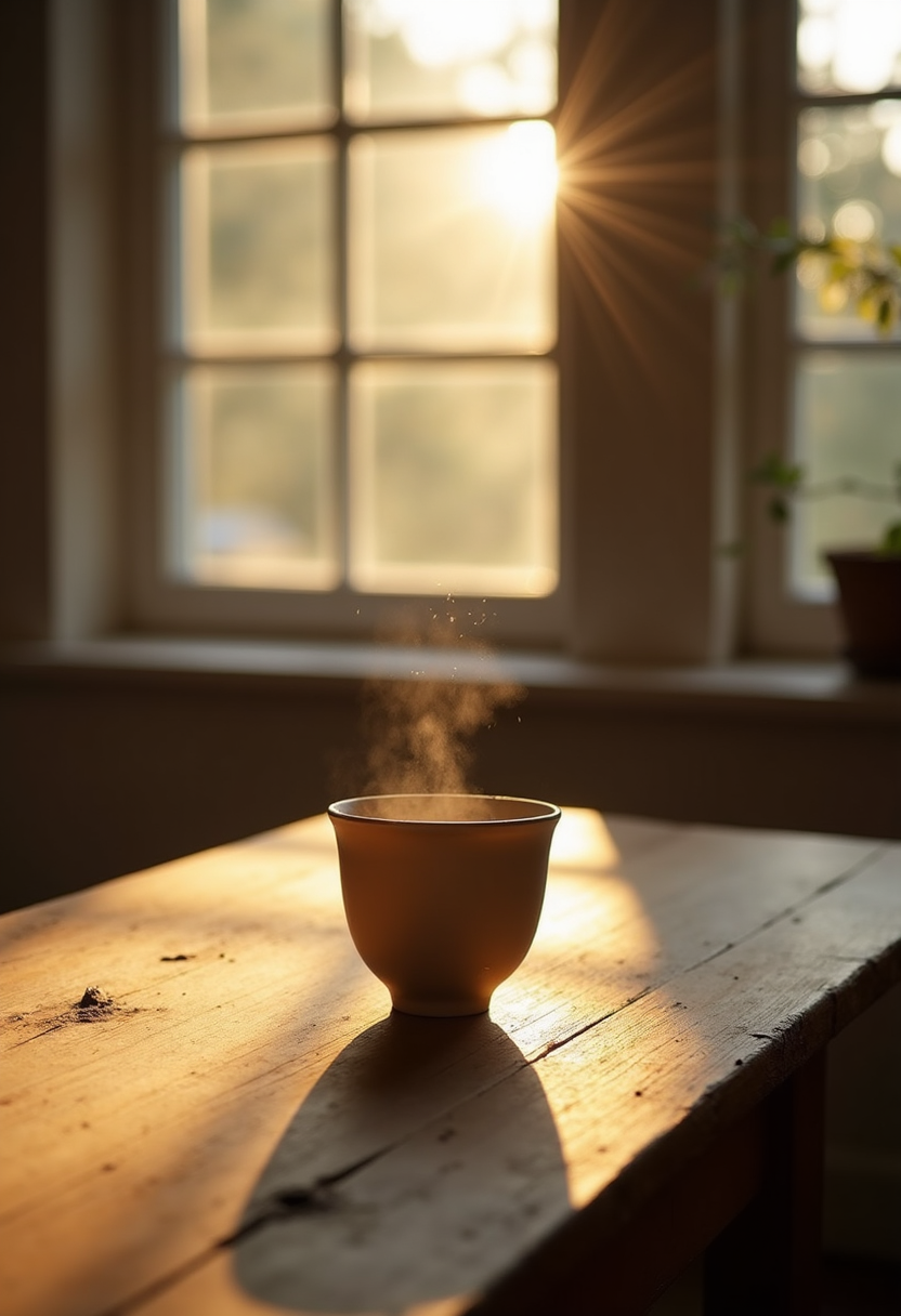 coffee cup on table with light coming through window