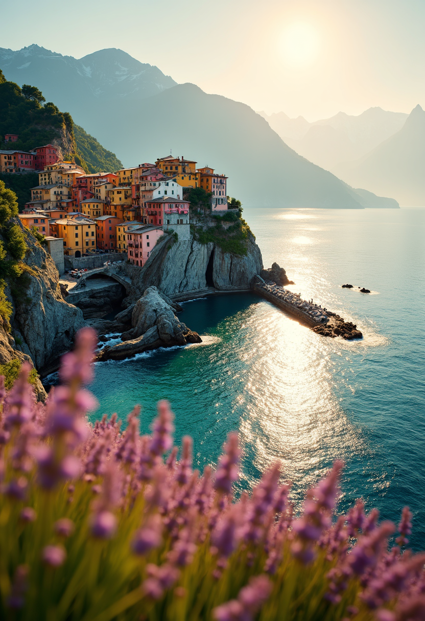 High-angle wide shot of a colorful Italian coastal village clinging to steep cliffs above a tranquil turquoise Mediterranean sea during golden hour, where warm honeyed sunlight illuminates pastel architecture and shimmering water to create a nostalgic and serene mood;