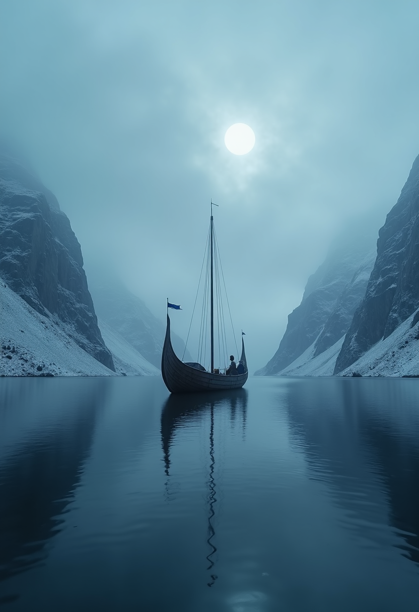 weathered Viking longship drifting through a tranquil, fog-laden fjord at twilight, where soft, cool moonlight reflects off the still, crystalline water to illuminate the base of massive, snow-dusted cliffs.