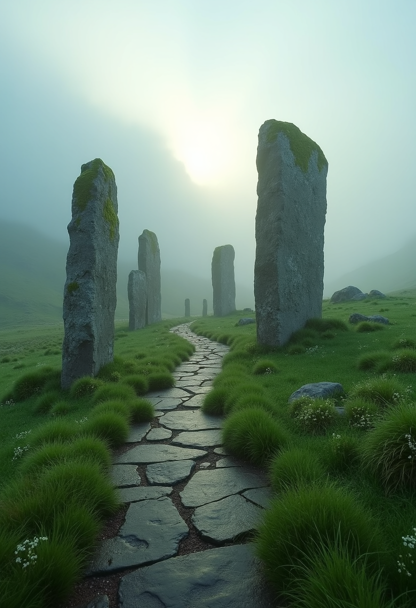  ancient, moss-covered limestone monoliths standing amidst the rolling emerald hills of Ireland at dawn. The environment is shrouded in a thick, ethereal morning mist that softens the distant mountain silhouettes, while dew glistens on vibrant green clover in the foreground. Soft, diffused sunlight pierces through heavy clouds, casting gentle Tyndall effect rays that create a tranquil and mystical mood.