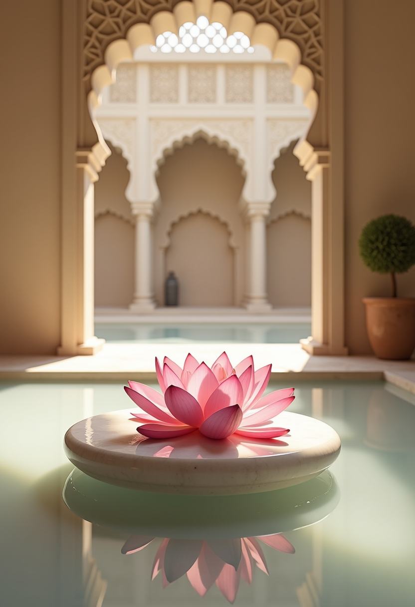  a single pink lotus flower floating in a shallow, hand-carved marble vessel filled with crystalline water, set within a minimalist courtyard featuring smooth sandstone walls and traditional carved arches. Soft morning sunlight filters through an intricate jaali lattice, casting ethereal, dappled light patterns and delicate geometric shadows across the stone surface and the tranquil water's ripples.
