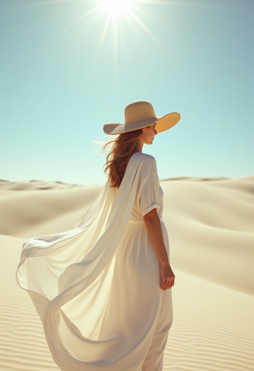 a woman elegantly dressed walking in the desert
