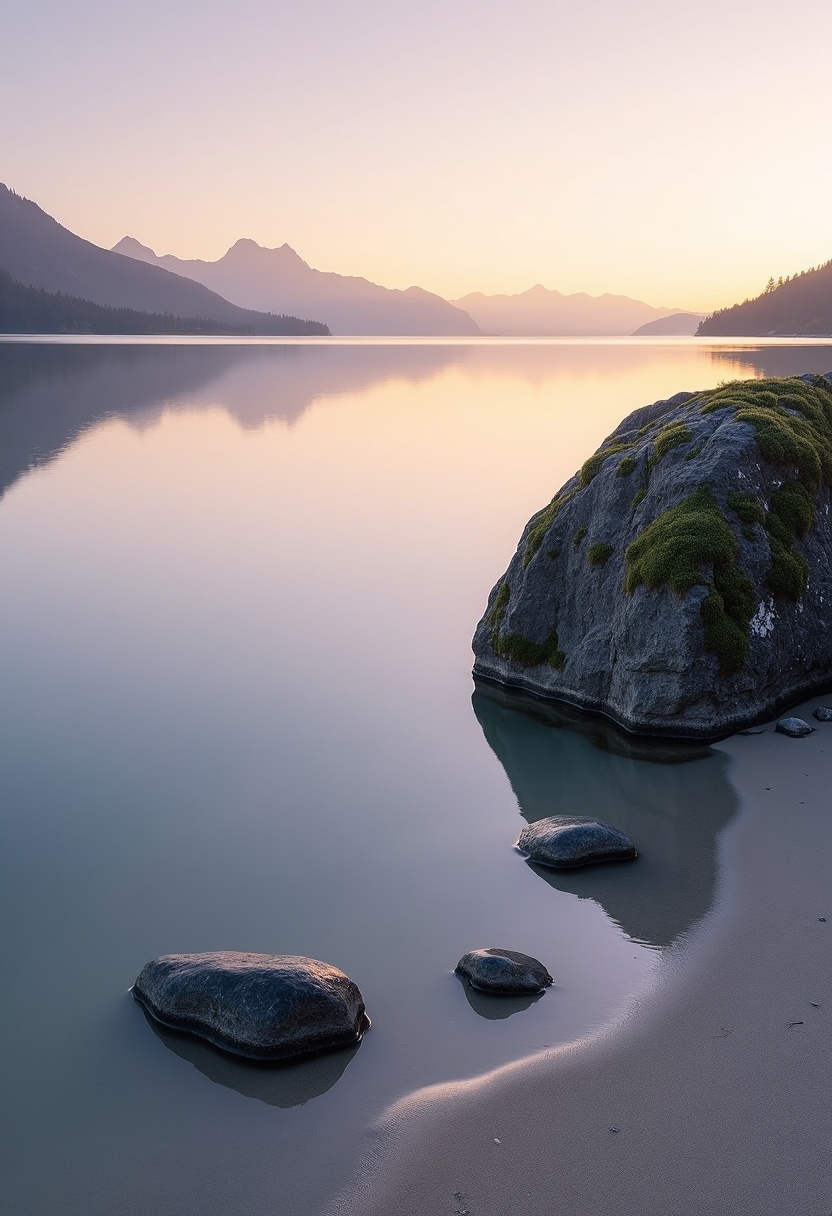 A perfectly still, glass-like alpine lake at the very first breath of pre-dawn, its surface an unbroken mirror reflecting a seamless gradient sky of soft lavender fading into pale peach and the faintest whisper of gold along the horizon; a single broad shaft of warm amber light descends vertically through the crystal-clear shallows near the shore, illuminating three smooth, water-worn river stones resting on the sandy lakebed like quiet punctuation marks; to the right third of the frame, a low, rounded boulder covered in thick velvety green moss sits where the water's edge meets pale cream sand, its clean geometric silhouette providing a high-contrast anchor against the soft wash of color behind it; the camera is positioned barely above the water's surface, a 14mm wide lens capturing the horizontal shoreline as a razor-sharp dividing line across the upper third of the frame, the reflection below so perfectly symmetrical that sky and water become a single continuous field of color; a thin veil of cool teal mist drifts just above the stillness, softening the far tree line into a blurred band of deep muted green; the overall palette is restrained - lavender, pale gold, soft teal, cream, and the deep moss green of the boulder - with every edge clean, every surface undisturbed, and the entire composition breathing with the absolute, weightless silence of a world holding its breath., soft light, minimalist composition, calm atmosphere, cinematic framing, gentle tones, negative space