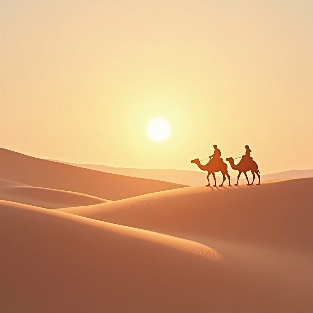 Desert Clarity — warm dunes and camel silhouettes