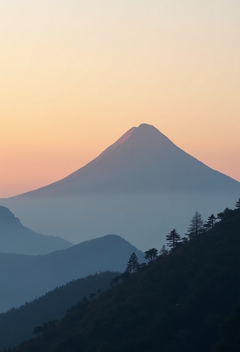A single granite peak rises in clean silhouette against a layered dawn sky, the summit dissolving into three soft horizontal bands of mist that separate it from the gradient above; the palette shifts from a deep slate-blue at the base through muted lavender to a pale peach-gold glow concentrated just behind the crest, casting a gentle rim light along the rocky ridgeline; shot from a low three-quarter angle at a distance of roughly two hundred meters, a 35 mm lens renders the mountain with minimal distortion while keeping the foreground empty-only a smooth slab of weathered grey stone occupies the lower-left corner, its flat geometric face catching the first warm light; the composition is anchored by the strong triangular shape of the peak against an uncluttered, texture-free sky, with the mist layers providing natural horizontal dividers and high-contrast edges where stone meets fog; the overall mood is still and meditative, every surface rendered in crisp, clean clarity with zero haze in the foreground, soft diffused illumination eliminating harsh shadows, and a single small cluster of dark evergreen needles in the mid-ground adding one point of deep green texture for color contrast and instant visual recognition., soft light, minimalist composition, calm atmosphere, cinematic framing, gentle tones, negative space