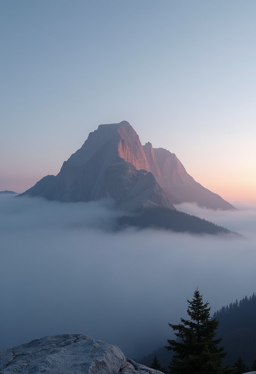 A single rounded granite peak rises in the upper-left third of the frame, its smooth conical dome catching a thin rim of warm peach-gold dawn light along its eastern ridge, while the leeward face dissolves into a soft sage-gray shadow; layered behind it, three progressively paler silhouetted ridgelines fade into a seamless vertical gradient sky of muted lavender to pale apricot, rendered with a 35mm prime lens from a low vantage point at the forest floor, giving the peak a stately, almost architectural presence against the uncluttered haze; a single band of low-lying mist threads horizontally across the mid-ground, separating the dark moss-and-pine texture of the foreground slope from the geometric repetition of the receding peaks, the mist reading as a clean, high-contrast horizontal line that sharpens the layered composition; the overall palette stays within a narrow soft range of warm peach, cool lavender-gray, and desaturated forest green, with no hard shadows, no people, no structures, and no text, only the quiet, meditative stillness of a Korean granite mountain bathed in the first ten minutes of sunrise, every edge soft yet clearly defined for instant visual recognition., soft light, minimalist composition, calm atmosphere, cinematic framing, gentle tones, negative space