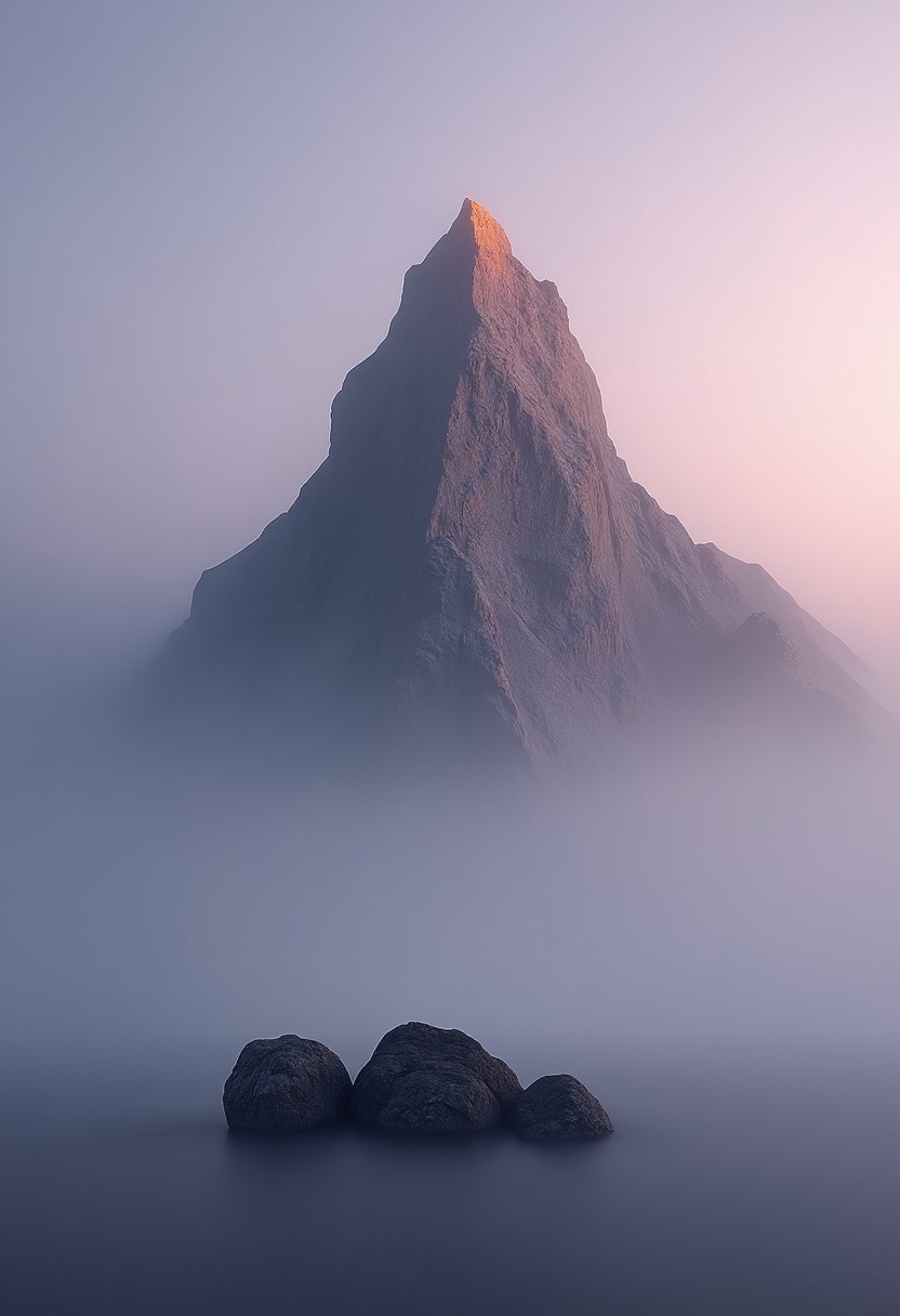 A single granite peak rises in clean silhouette against a layered dawn sky, the summit dissolving into three soft horizontal bands of mist that separate it from the gradient above; the palette shifts from a deep slate-blue at the base through muted lavender to a pale peach-gold glow concentrated just behind the crest, casting a gentle rim light along the rocky ridgeline; shot from a low three-quarter angle at a distance of roughly two hundred meters, a 35 mm lens renders the mountain with minimal distortion while keeping the foreground empty-only a smooth slab of weathered grey stone occupies the lower-left corner, its flat geometric face catching the first warm light; the composition is anchored by the strong triangular shape of the peak against an uncluttered, texture-free sky, with the mist layers providing natural horizontal dividers and high-contrast edges where stone meets fog; the overall mood is still and meditative, every surface rendered in crisp, clean clarity with zero haze in the foreground, soft diffused illumination eliminating harsh shadows, and a single small cluster of dark evergreen needles in the mid-ground adding one point of deep green texture for color contrast and instant visual recognition., soft light, minimalist composition, calm atmosphere, cinematic framing, gentle tones, negative space