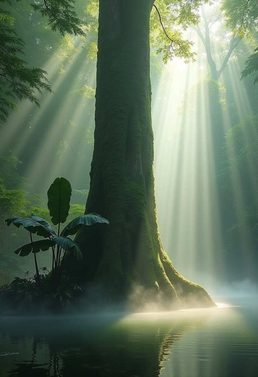 Low-angle shot looking upward through a single dense layer of emerald jungle canopy, soft golden-white diffused light piercing down in three clean parallel shafts that cut through a slow-rolling band of pale mist hovering at mid-frame, one large glossy monstera leaf with razor-sharp serrated edges and visible vein structure anchored in the lower-left foreground against a softly dissolved backdrop of layered jade and deep-green foliage, mist particles catching the light as fine floating specks, the overall palette restricted to emerald, jade, pale gold, and translucent white, shot on a 70mm lens with a shallow depth of field isolating the foreground leaf in crystalline sharpness while the upper canopy melts into a smooth luminous gradient, no clutter, no branches crossing, the composition breathing with negative space in the mist gap between the light shafts, mood hushed and weightless as if time has paused in a rainforest cathedral at first light., soft light, minimalist composition, calm atmosphere, cinematic framing, gentle tones, negative space