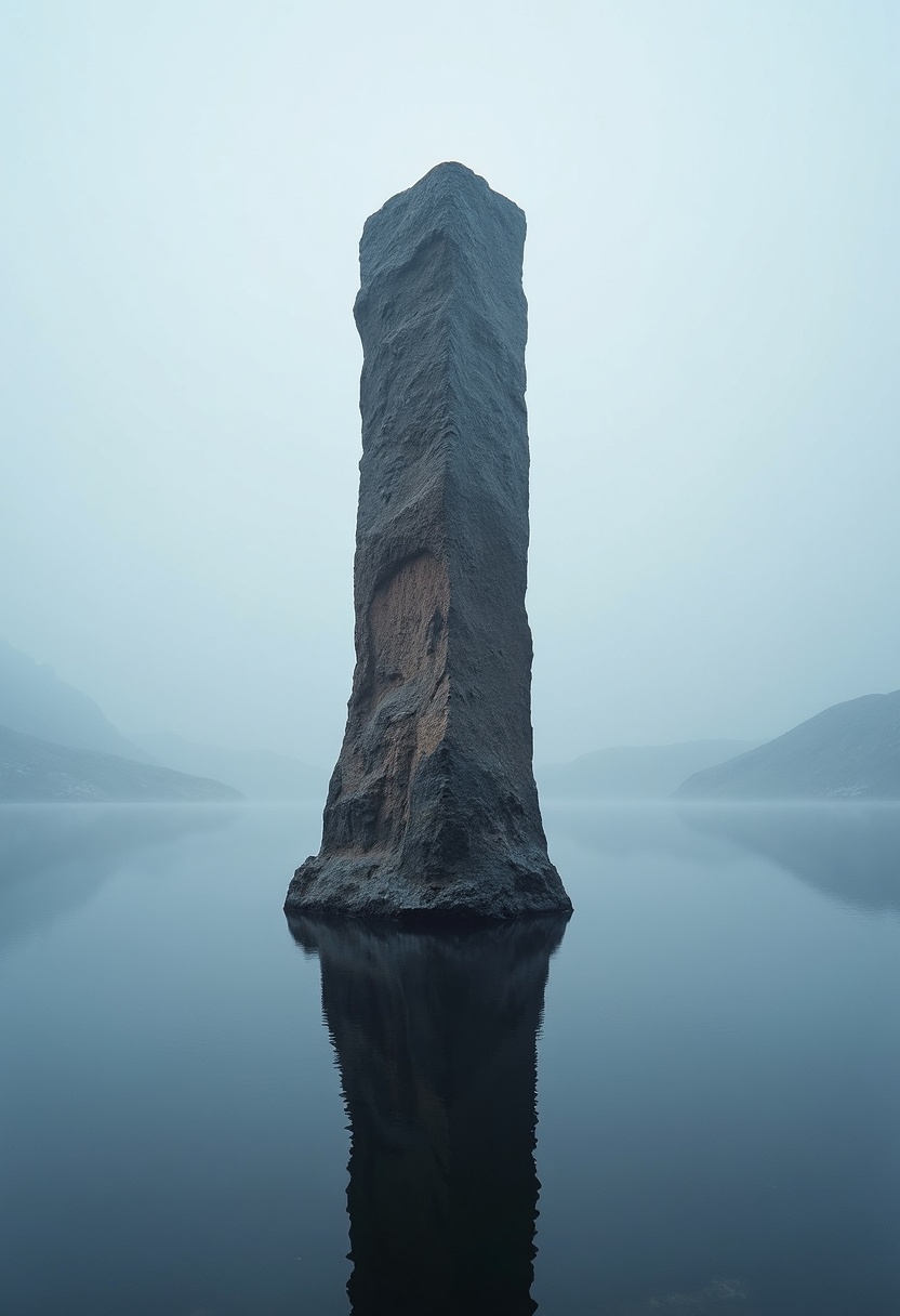 A single ancient basalt column, its surface etched with ten thousand years of wind-carved ridges and cool mineral striations, rises vertically from the center of a perfectly still alpine lake at first light, its hexagonal geometry sharp against a pale peach-and-slate-blue dawn sky; shot from a low, wide 24mm perspective at water level, the column's reflection doubles its height into a seamless vertical axis that bisects the frame, while a thin ribbon of low-lying mist clings to the mirror-black water and dissolves into the base of the stone, softening the transition between rock and liquid; the palette is restrained to warm sandstone, cool glacial blue, and a whisper of rose-gold where the first sun grazes the column's eastern face, every edge rendered in crisp, high-contrast silhouette against the uncluttered gradient sky, the composition reduced to one vertical line, one horizontal plane of water, and one horizontal band of mist - nothing else present, no shore visible, no vegetation, no figures - only the quiet, geological patience of stone meeting stillness in a world before sound., soft light, minimalist composition, calm atmosphere, cinematic framing, gentle tones, negative space