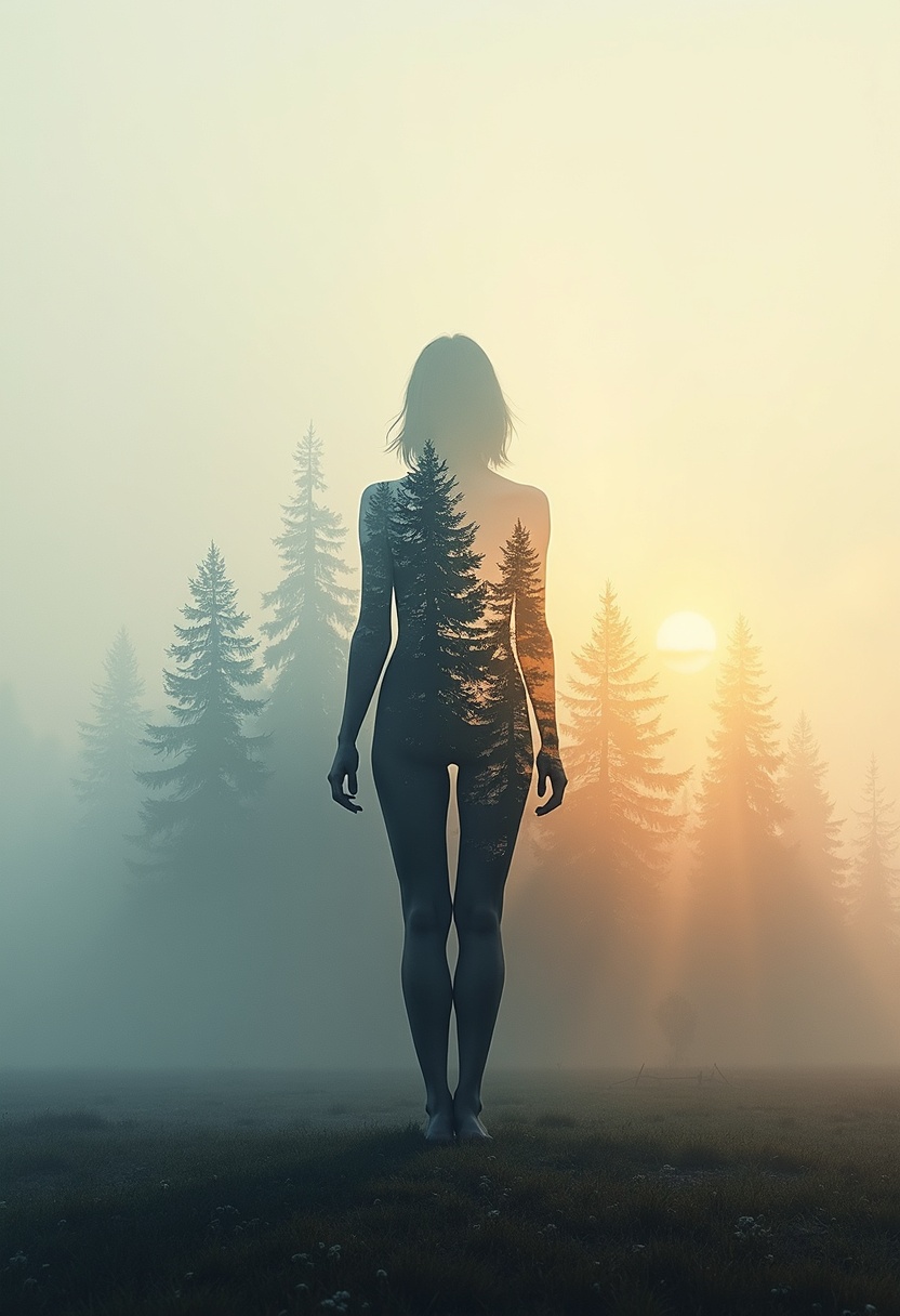 double exposure lady and forest