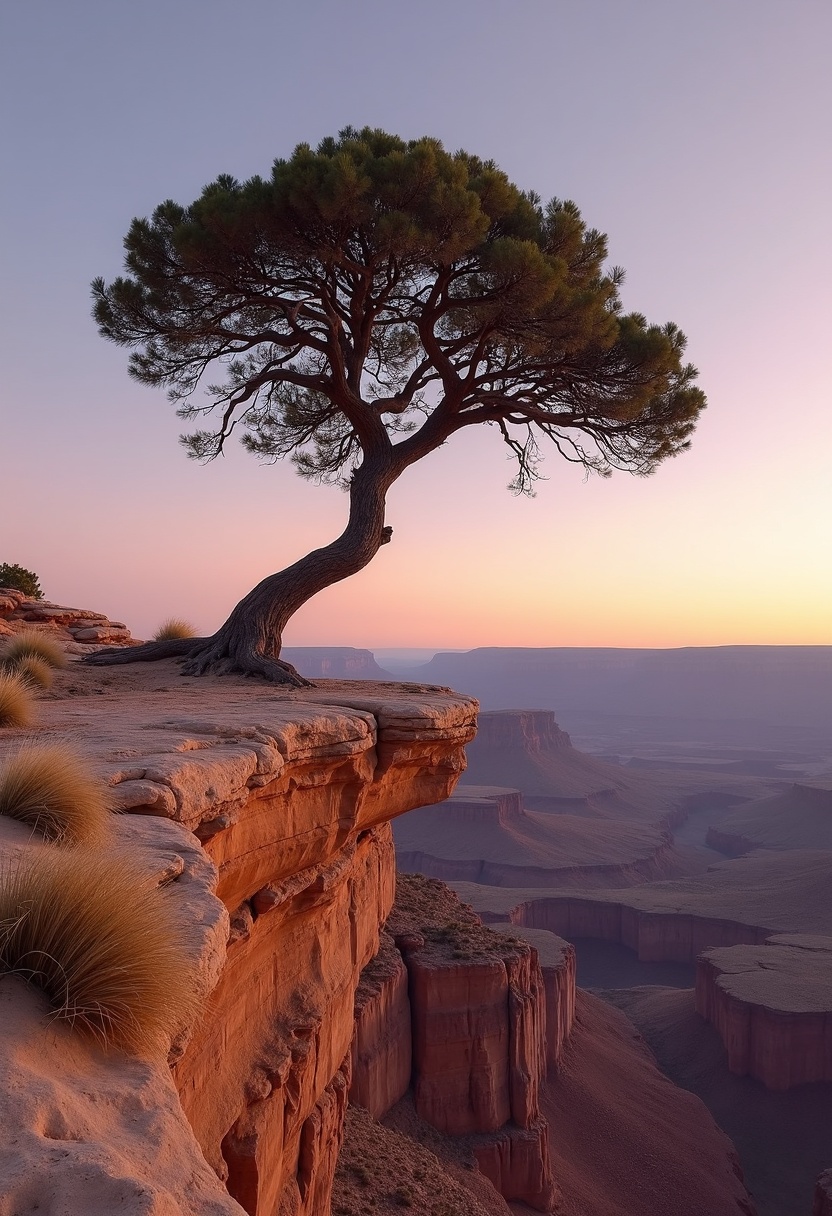 A gnarled juniper tree silhouetted on a desert canyon lip against a cloudless amber-to-lavender gradient sky, layered sienna rock walls below.