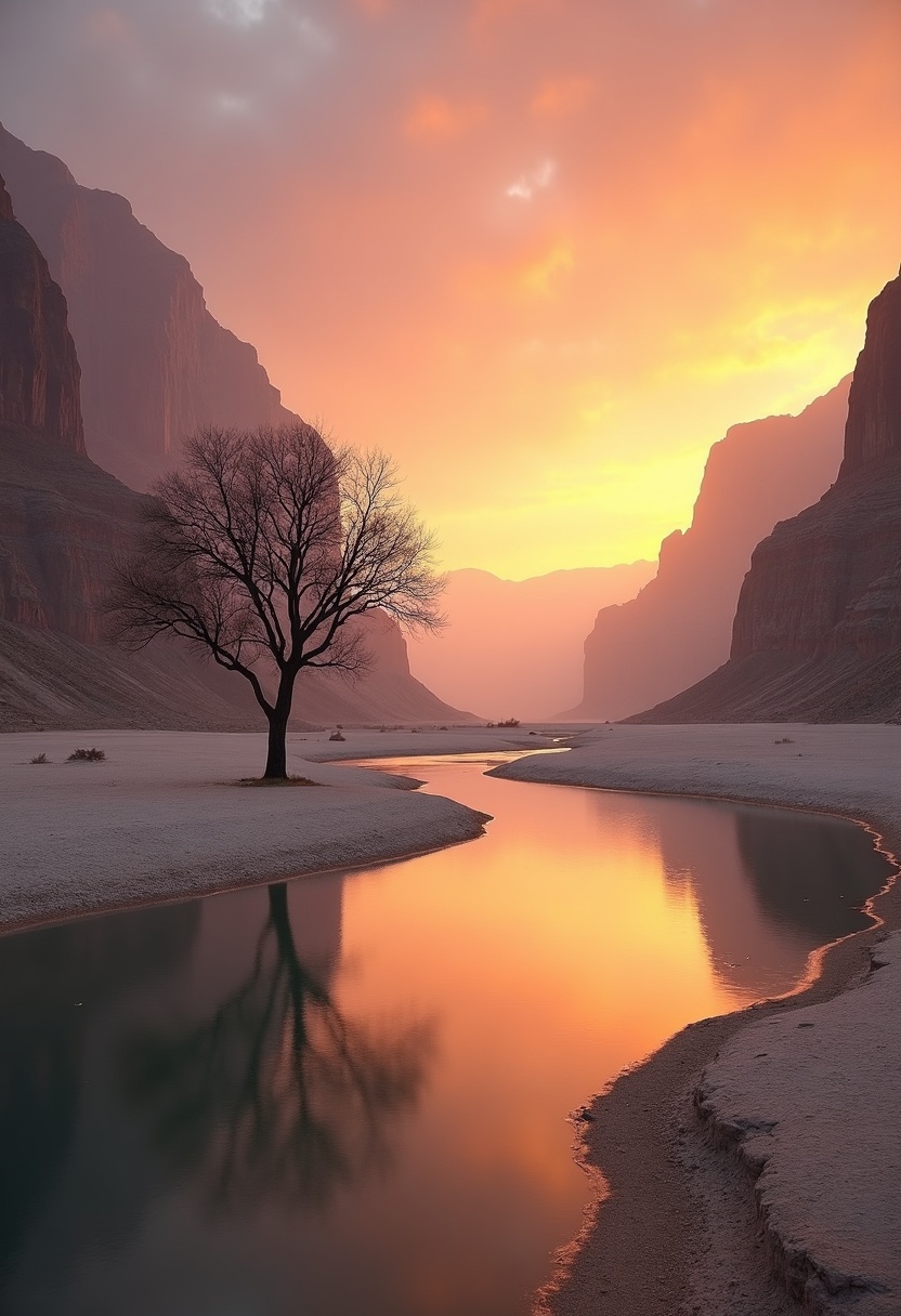 Bare cottonwood tree on a sandbar in a flat basalt canyon, narrow river mirroring a layered peach and amber sunset, distant walls fading into lavender haze