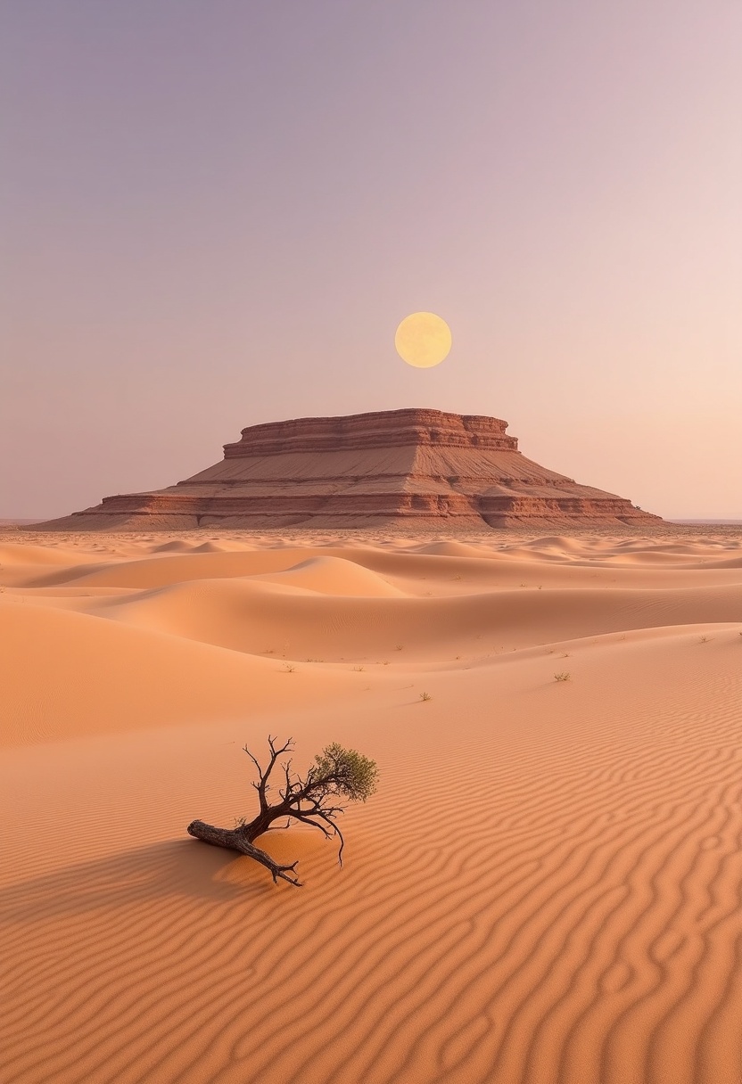 Sandstone mesa against apricot-to-lavender sky, amber sun on its edge, teal shadows on rippled sand, half-buried juniper branch in foreground.