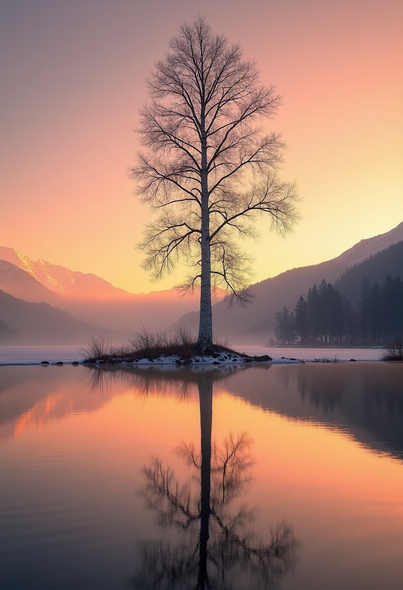 A silhouetted aspen tree centered against a gold-to-lavender sky, mirrored in a still alpine lake with mist at the waterline and a hazy mauve ridge behind.