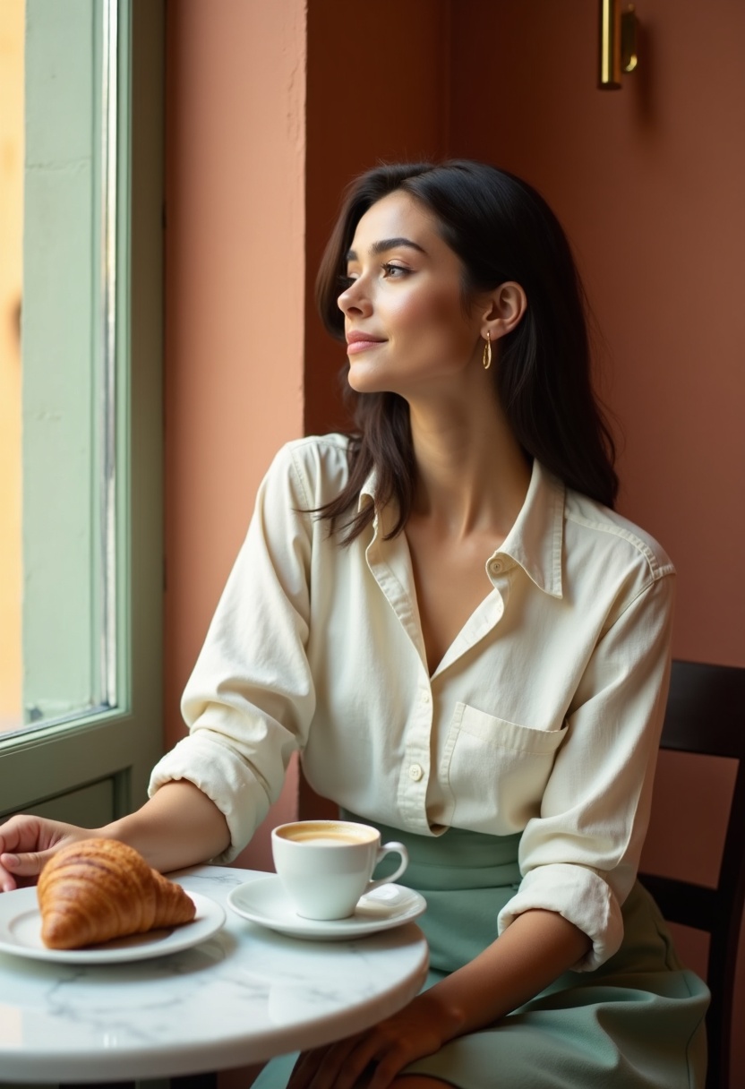 Woman in cream linen shirt and sage midi skirt at a marble table with espresso and croissant, arched window, olive wall, morning light on terracotta floor