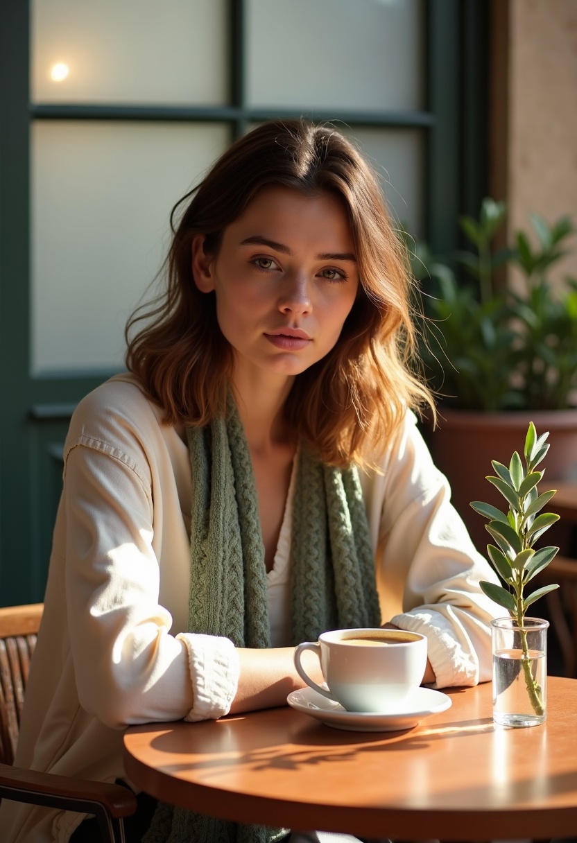 Women in cream linen shirt and sage scarf at terracotta cafe table, holding white espresso cup, eucalyptus sprig on table edge, golden sidelight from left.